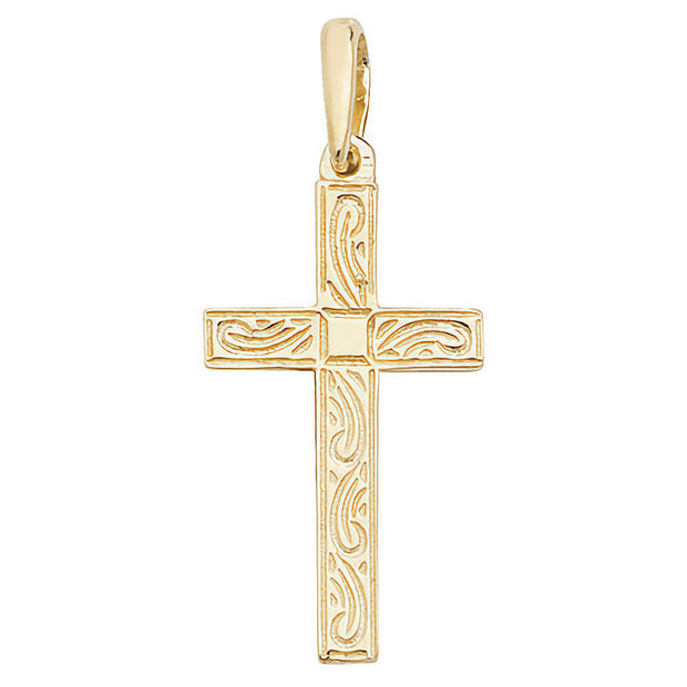 9K Yellow Gold Engraved Cross Pendant