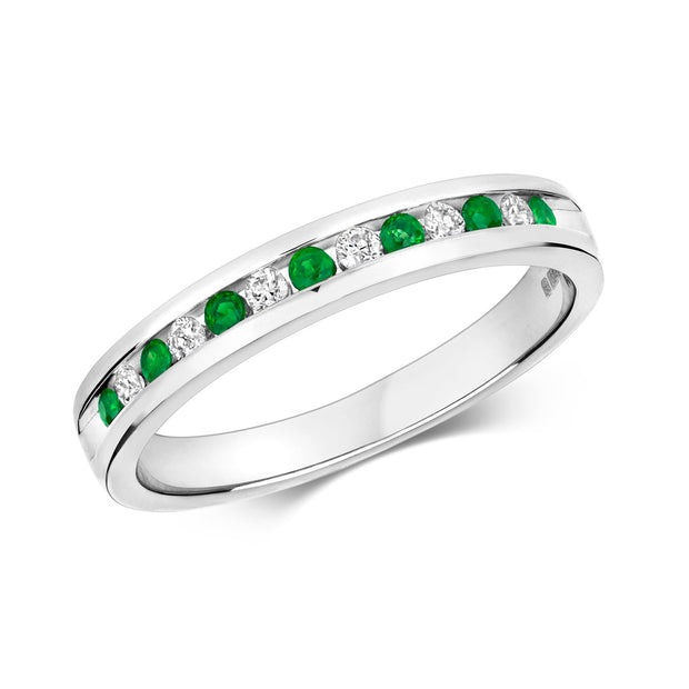 Diamond and Emerald Half Eternity Ring in 9K White Gold