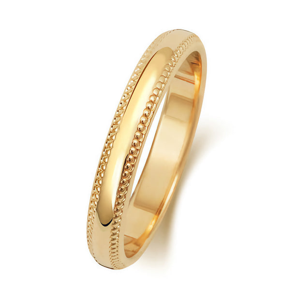 18K Yellow Gold Wedding Ring D Shape Millgrain 3mm