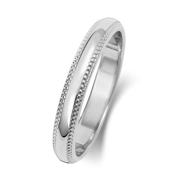 18K White Gold Wedding Ring D Shape Millgrain 3mm