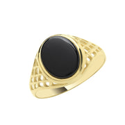 9K Yellow Gold Men's Oval Black Onyx Basket Sides Signet Ring