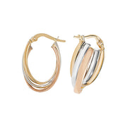 9K Tri Color Gold Oval Hoop Earrings