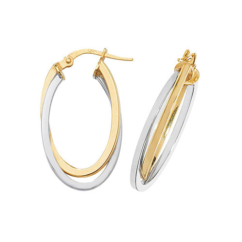 9K Yellow / White Gold Oval Double Hoop Earrings