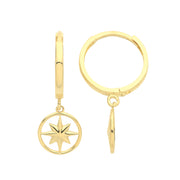 9K Yellow Gold Compass Charm Drop Earrings