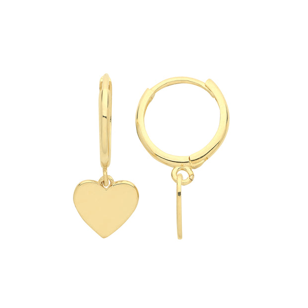 9K Yellow Gold Heart Charm Drop Earrings