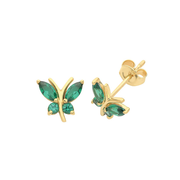 9K Yellow Gold Emerald Butterfly Stud Earrings | Charmé