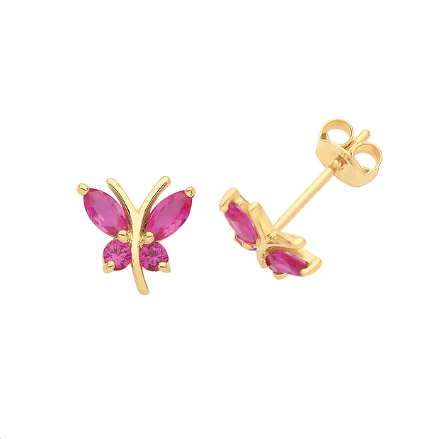9K Yellow Gold Ruby Butterfly Stud Earrings