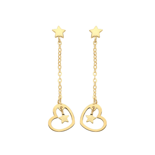 9K Yellow Gold Heart & Star Drop Earrings