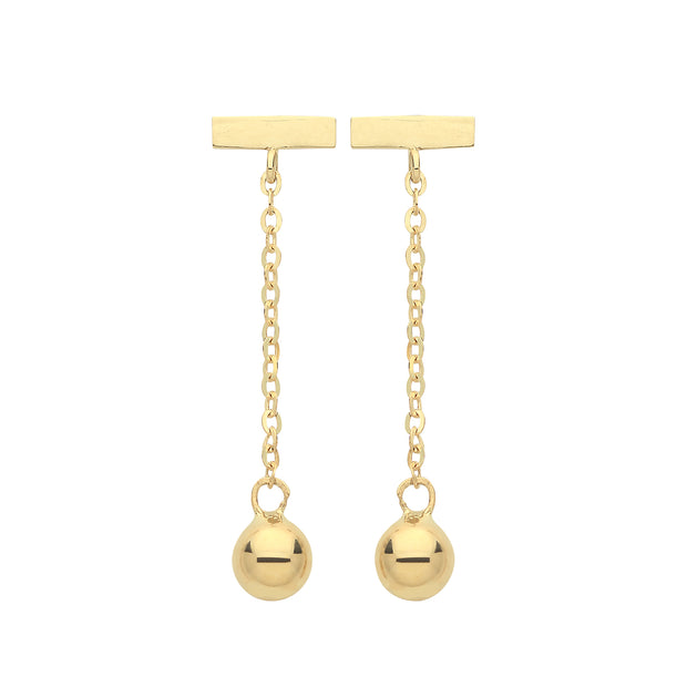 9K Yellow Gold Bar & Bead Drop Earrings