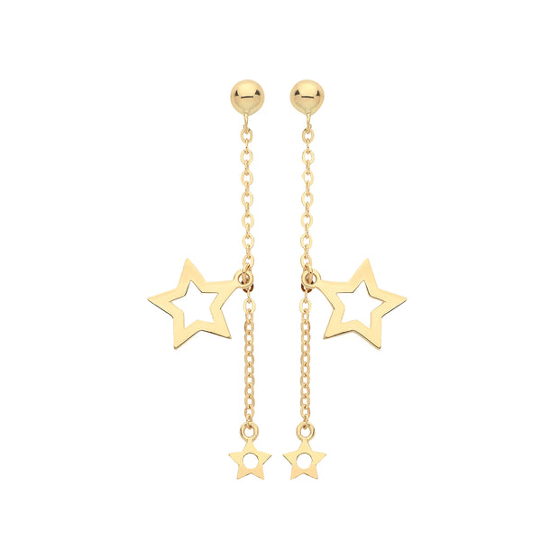 9K Yellow Gold Double Star Drop Earrings