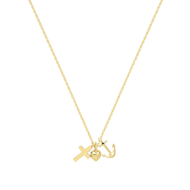 9K Yellow Gold Cross & Heart & Anchor Necklace