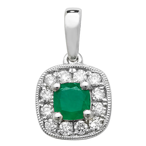 Emerald and Diamond Pendant in 9K White Gold