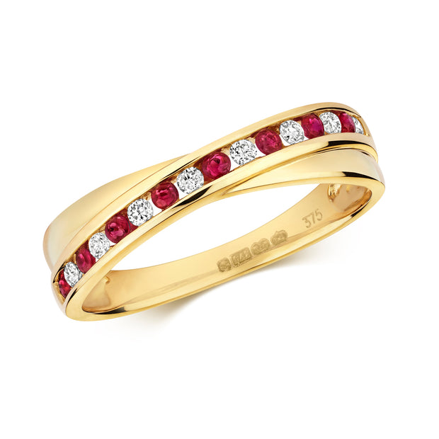 Diamond & Ruby Cross Over Ring in 9K Gold