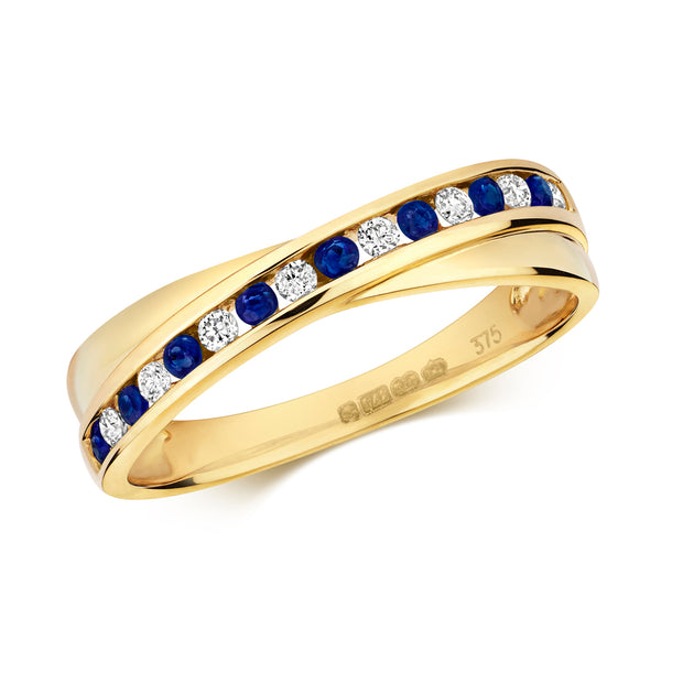 Diamond & Sapphire Cross Over Ring in 9K Gold