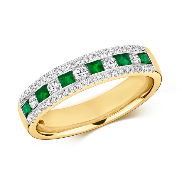 Diamond & Emerald & Diamond Ring in 9K Gold