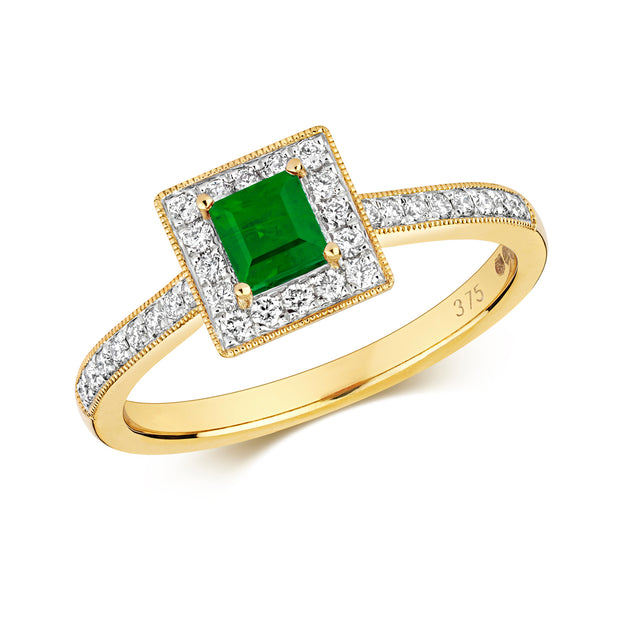 Emerald & Diamond Ring in 9K Gold