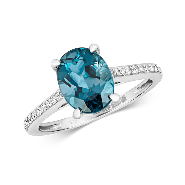 London Blue Topaz and Diamond Ring in 9K White Gold