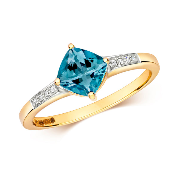 London Blue Topaz and Diamond Ring in 9K Gold