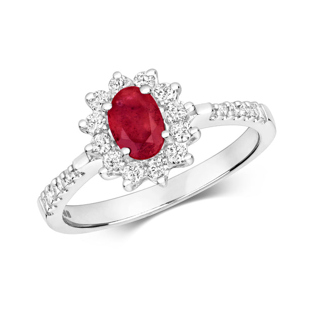 Diamond and Ruby Cluster Ring in 9K White Gold