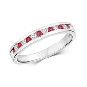 Diamond and Ruby Half Eternity Ring in 9K White Gold