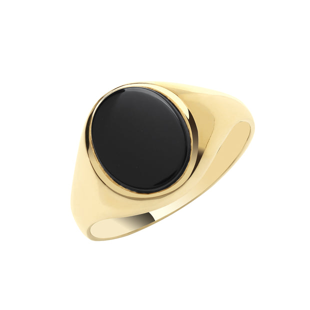 9K Yellow Gold Men's Oval Black Onyx Plain Sides Signet Ring