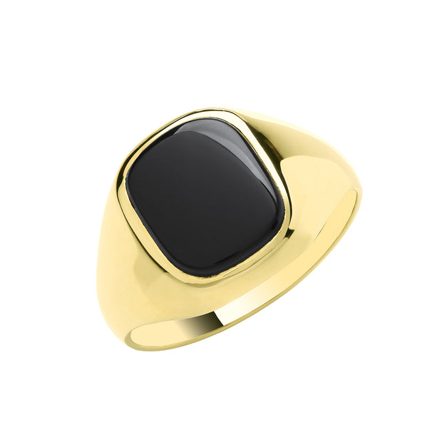 9K Yellow Gold Men's Cush Black Onyx Plain Sides Signet Ring