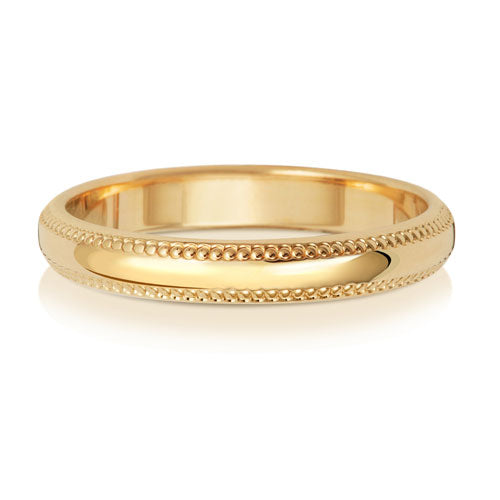 9K Yellow Gold Millgrain Wedding Ring D Shape 3 Mm