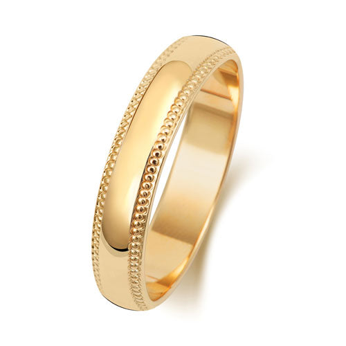 9K Yellow Gold Millgrain Wedding Ring D Shape 4 Mm