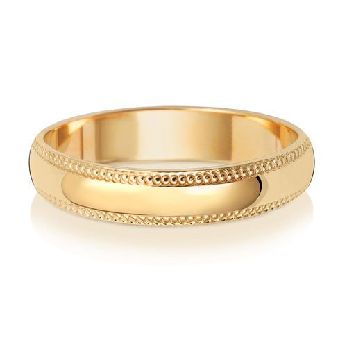 18K Yellow Gold Wedding Ring D Shape Millgrain 4mm