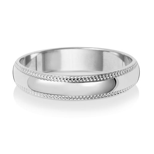 18K White Gold Wedding Ring D Shape Millgrain 4mm | Charme