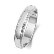 18K White Gold Wedding Ring D Shape Millgrain 4mm