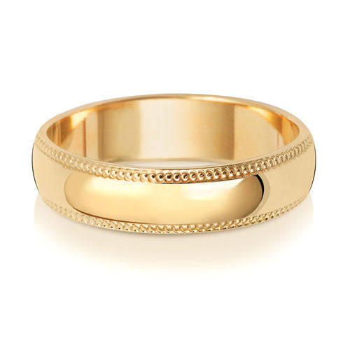 18K Yellow Gold Wedding Ring D Shape Millgrain 5mm