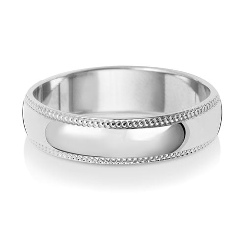 18K White Gold Wedding Ring D Shape Millgrain 5mm | Charme