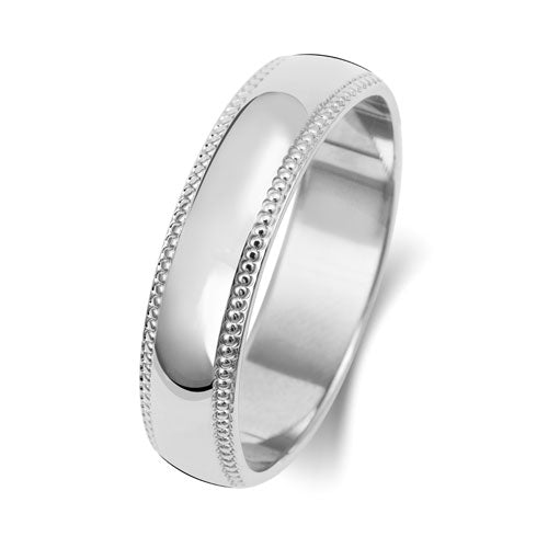 18K White Gold Wedding Ring D Shape Millgrain 5mm