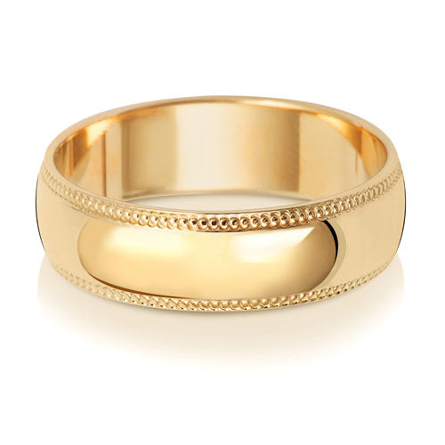 18K Yellow Gold Wedding Ring D Shape Millgrain 6mm