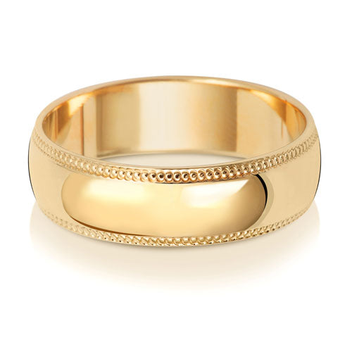 18K Yellow Gold Wedding Ring D Shape Millgrain 6mm | Charmé