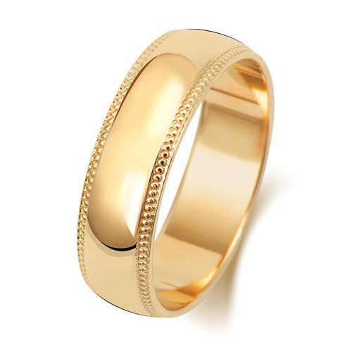 18K Yellow Gold Wedding Ring D Shape Millgrain 6mm