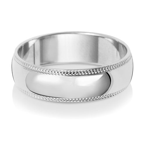 18K White Gold Wedding Ring D Shape Millgrain 6mm