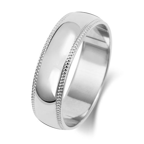 18K White Gold Wedding Ring D Shape Millgrain 6mm | Charme